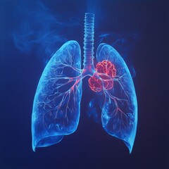 3D medical illustration of a diseased lung with a highlighted tumor