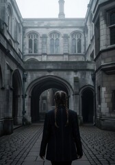 Naklejka premium Woman With Braided Hair In Black Coat Stands In Gothic Courtyard Architecture