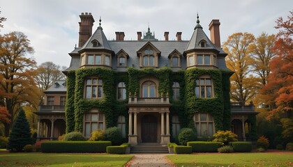 Victorian mansion in autumn, ivy-covered façade

