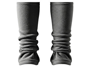 Pair of warm grey fleece leg warmers for cold winter weather on a transparent background