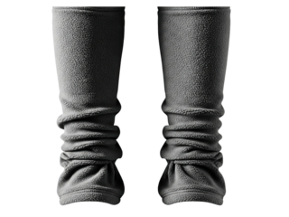 Pair of warm grey fleece leg warmers for cold winter weather on a transparent background
