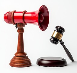 Red megaphone and gavel on white background