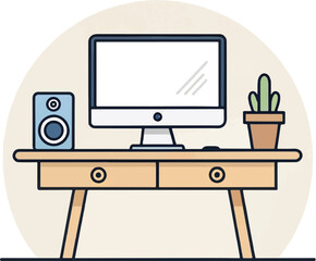 Minimalist Workspace with Computer Monitor, Speaker, and Plant