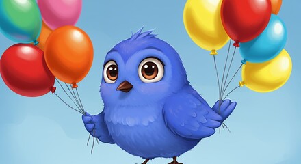 Animated blue bird holding colorful balloons cartoon illustration