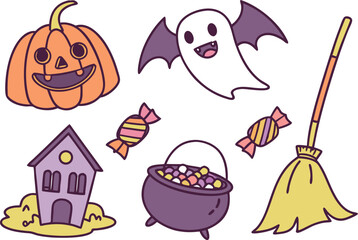 This vector set includes cartoon Halloween icons and elements like a pumpkin, bat, cat, witch hat, ghost, and spider for holiday fun and design decoration