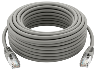 Coiled grey network Ethernet cable with connectors for the internet on a transparent background