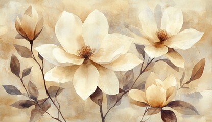 Creamy beige magnolia flowers, soft watercolor style