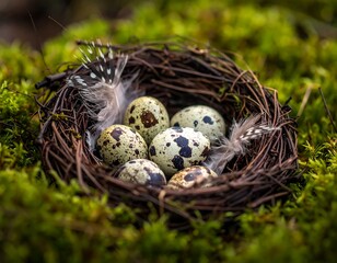 Quail eggs nestled in a woven nest amongst moss
