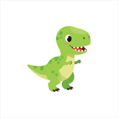 Cartoon illustration of a friendly, green Tyrannosaurus Rex dinosaur with spots, smiling and standing on a white background.