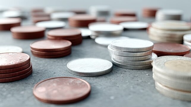 Stacked Metal Coins Texture Cinematic HDR Macro Ultra Detailed on Grey Surface - Powered by Adobe
