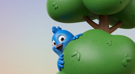 Animated blue character peeking behind green trees against a gradated background