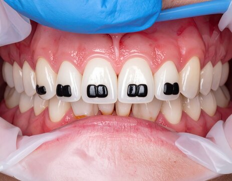 Close-up of a mouth with small, black orthodontic brackets on the four central incisors, surrounded by healthy-looking teeth and gums, partially obscured by retractors