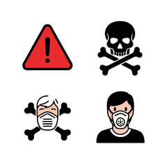 Set warning symbols including red triangle with an exclamation mark, skull and crossbones, masked skull, and person wearing mask