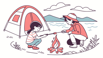 Obraz premium Two children are roasting marshmallows over a campfire next to a tent by a lake.