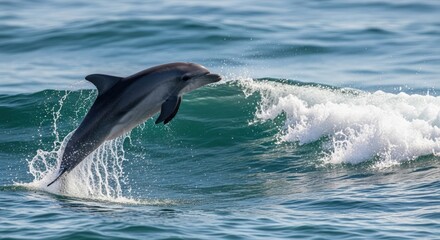 Naklejka premium A dolphin jumping out of the water with a splash, creating a dynamic scene with blue ocean waves in the background.