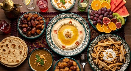 Festive Middle Eastern Food Spread with Hummus, Dates and Fruit
