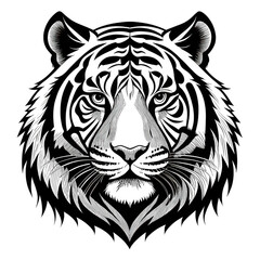 Fototapeta premium Detailed dark monochrome tiger head graphic intense powerful wild animal portrait isolated on transparent background