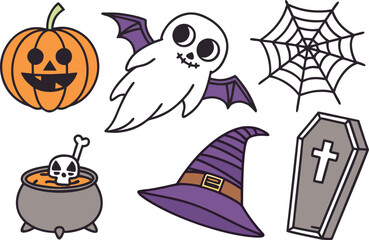 A vector set of spooky cartoon Halloween icons including a pumpkin, ghost, bat, witch hat, and black cat silhouette for an autumn holiday design
