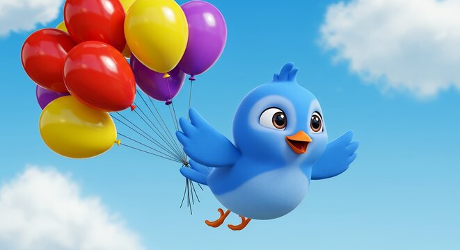 Cartoon bird floating with colorful balloons against a bright sky background - Powered by Adobe