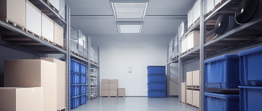 Industrial warehouse interior with metal shelving and storage containers