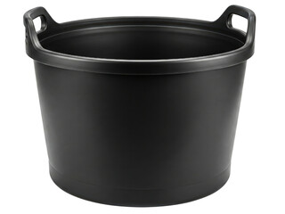 Heavy-duty black plastic garden tub with integrated handles on a transparent background