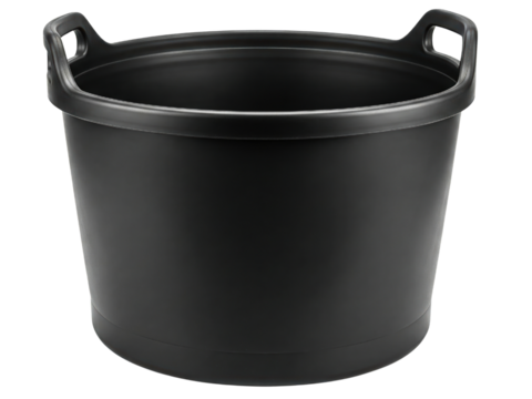 Heavy-duty black plastic garden tub with integrated handles on a transparent background