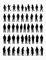Collection of diverse human figures in silhouette representing various ages and poses against a plain background silhouette