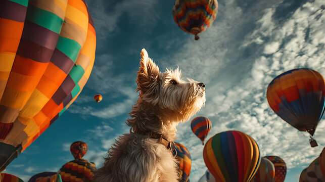 A dog looking up at colourful hot air balloons in the dawn light (3)