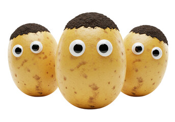 Funny potatoes with googly eyes and dirt hair isolated, cute food characters for kids and humor projects PNG