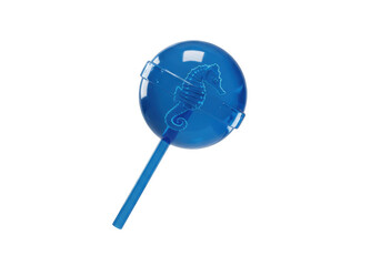 Blue seahorse lollipop isolated on transparent PNG, sweet candy treat for kids party favors and summer themed designs