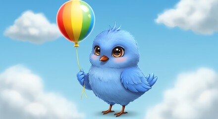 Cartoon blue bird holding rainbow balloon against sky