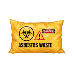 Yellow bag labeled asbestos waste with biohazard and danger symbols, indicating hazardous material disposal