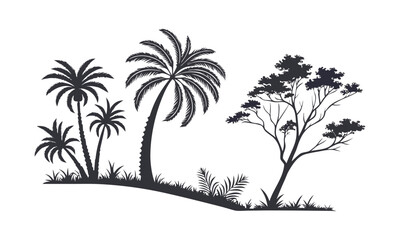 Obraz premium Palm Tree Silhouette Set Minimal Tropical Vector illustration Icons on White, t-shirt design elements, Silhouette tree, easily editable.