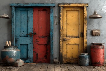 Weathered wooden doors blue red yellow image
