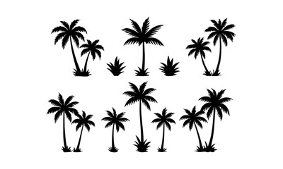 Naklejka premium Palm Tree Silhouette Set Minimal Tropical Vector illustration Icons on White, t-shirt design elements, Silhouette tree, easily editable.