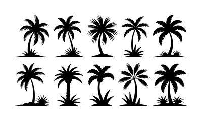 Fototapeta premium Palm Tree Silhouette Set Minimal Tropical Vector illustration Icons on White, t-shirt design elements, Silhouette tree, easily editable.