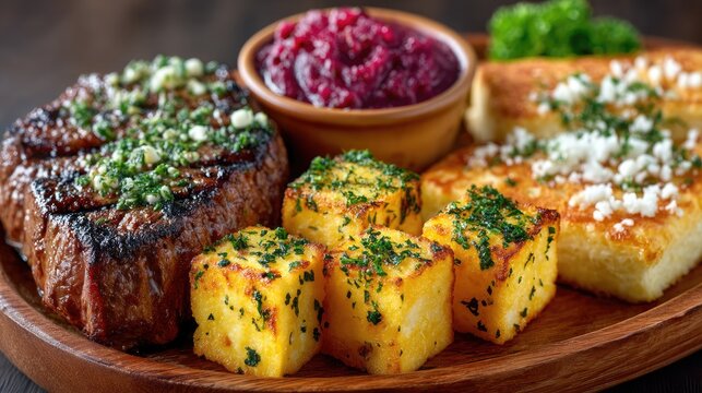 Grilled Steak with Fried Polenta Beetroot Relish and Bread on Wood Plate