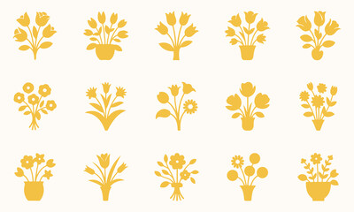 Flower Vectors Icon Set – Bright and Cheerful Floral Icons, Nature Design, Bold flat vector shapes, Clean Modern style, Professional design.