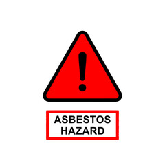 Red triangular warning sign with black exclamation mark and rectangular label stating asbestos hazard