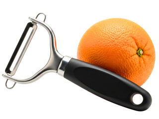 Y-shaped stainless steel peeler with a black handle and an orange on a transparent background