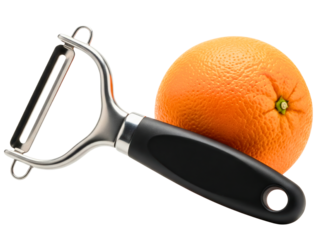 Y-shaped stainless steel peeler with a black handle and an orange on a transparent background