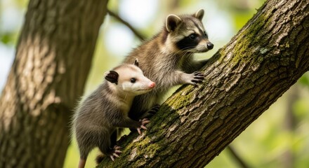 Obraz premium Two raccoons climbing a mossy tree trunk in a natural outdoor setting with warm lighting.