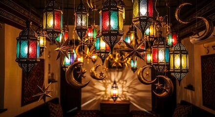 Ornate Colorful Lanterns with Golden Moons and Stars Decoration
