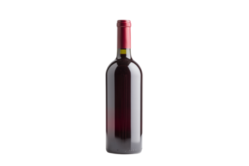 Red wine bottle with a cork and red label on a white isolated background.