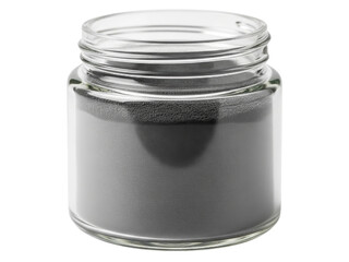 Open glass jar filled with a fine dark grey industrial powder on a transparent background
