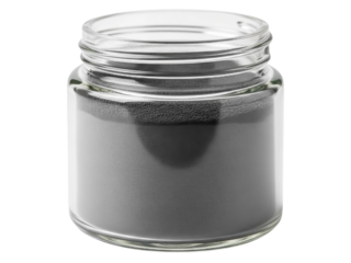 Open glass jar filled with a fine dark grey industrial powder on a transparent background