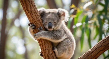 Obraz premium A koala bear resting on a tree branch in a natural, sunny forest with green leaves and a blurred background.