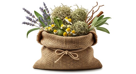 Burlap Sack Overflowing with Lavender, Chamomile, Sage, and Decorative Spheres on White