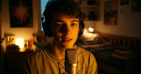 Teenager recording audio podcast at home studio with warm and inviting ambiance - Powered by Adobe