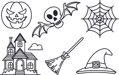 A fun cartoon Halloween vector illustration set with silhouette icons like a skull and ghost